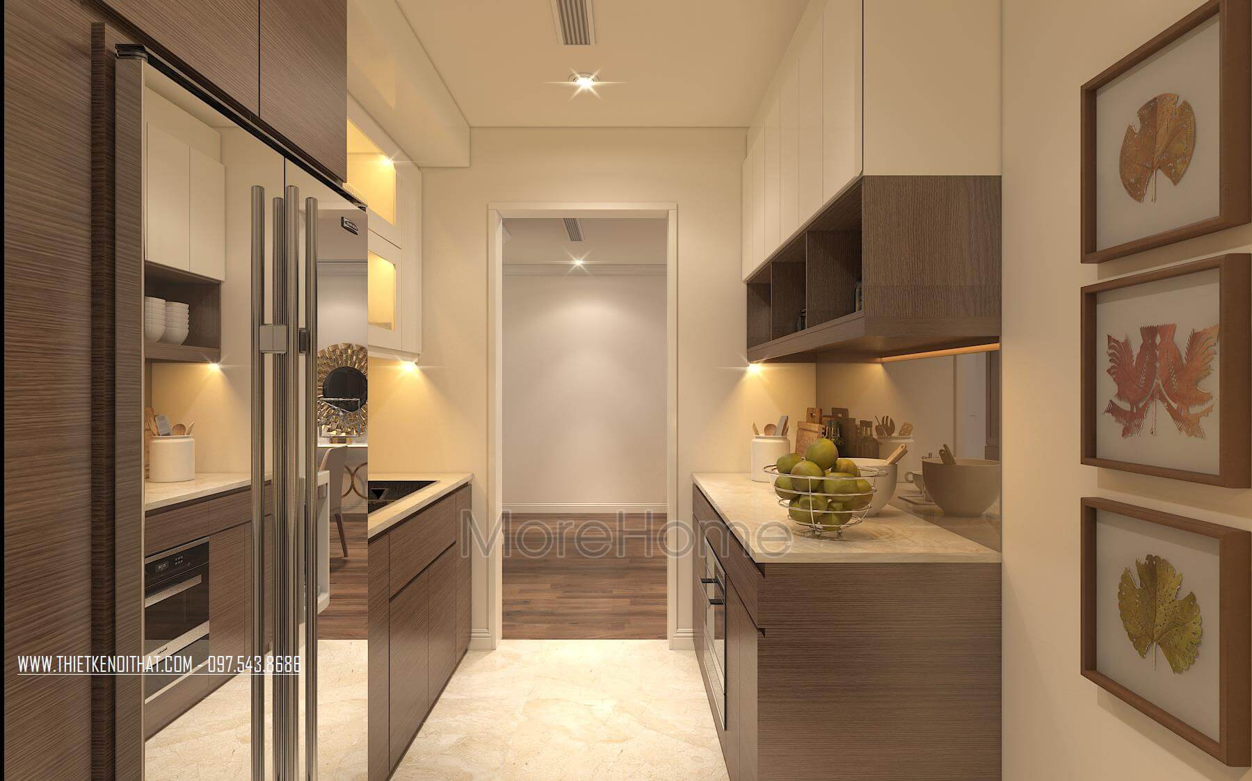 Thiết kế nội thất phòng bếp công năng với mẫu tủ bếp gỗ công nghiệp MDF có màu sắc và vân gỗ tạo sự ấm áp, thân thiện giúp các bà nội trợ thêm yêu không gian bếp của mình. Tủ bếp đẹp, sang trọng và đẳng cấp
