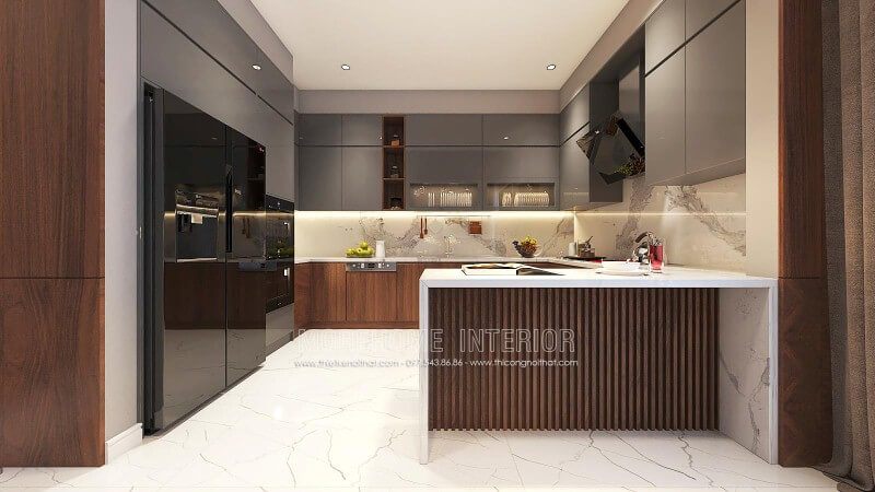 Bố trí nội thất phòng bếp độc đáo từ gỗ An Cường cao cấp kết hợp cùng đá ốp bếp sang trọng.