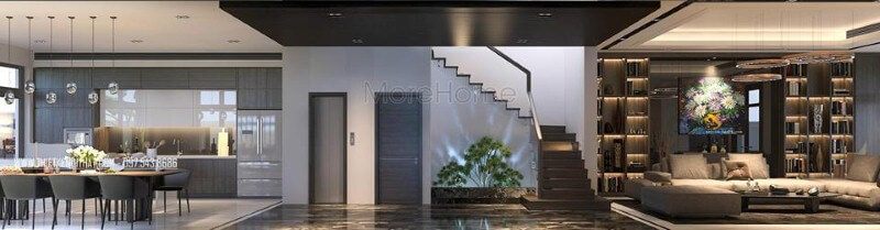 Thiết kế nội thất biệt thự, nhà phố hiện đại, sang trọng với ý tưởng thiết kế phòng khách liền phòng bếp, ăn.