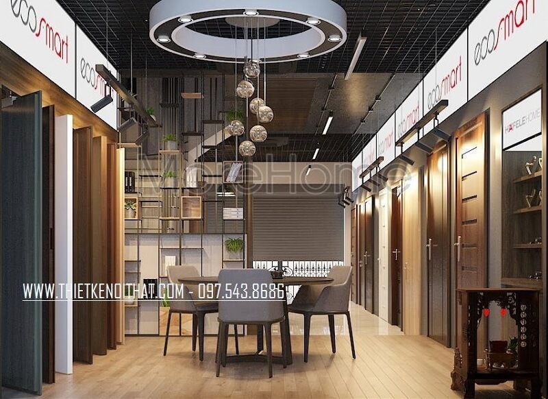 Showroom trưng bày cửa gỗ công nghiệp ATA độc đáo được tạo bởi KTS MoreHome với thiết kế hiện đại tận dụng tinh tế không gian để trưng bày sản phẩm cửa gỗ tinh tế đẹp mắt.