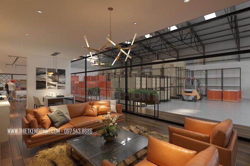 Mẫu thiết kế showroom nội thất JANHOME hiện đại được tạo bởi KTS MoreHome với cách bố trí các không gian : khu tiếp khách, khu trưng bày sản phẩm, kho bãi hợp lí, khoa học