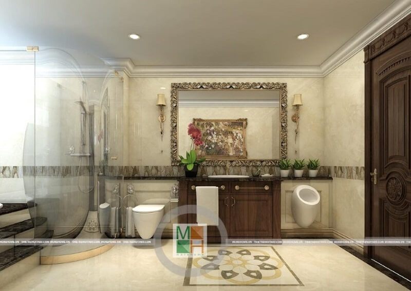 Mẫu thiết kế phòng tắm chung cư sang trọng với đồ nội thất trang trí bắt mắt kết hợp thiết bị vệ sinh cùng vách tắm kính cao cấp.