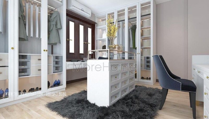 Gọn gàng mà tinh tế, tủ quần áo biệt thự tại phòng ngủ với gam màu trắng hiện đại thiết kế đơn giản, đẹp mắt và độc đáo